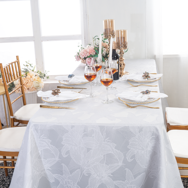 90"x132" Rectangular Floral Reef Jacquard Polyester Tablecloth - White (1pc)