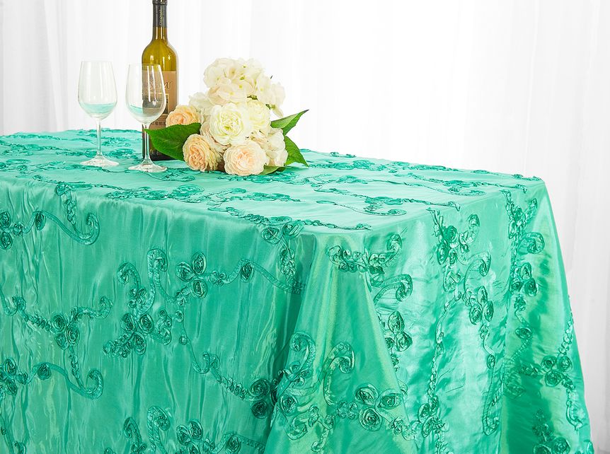 Nappe rectangulaire en taffetas avec ruban sans couture de 90 "x 132" - Bleu Tiff/Bleu Aqua (1 pièce)