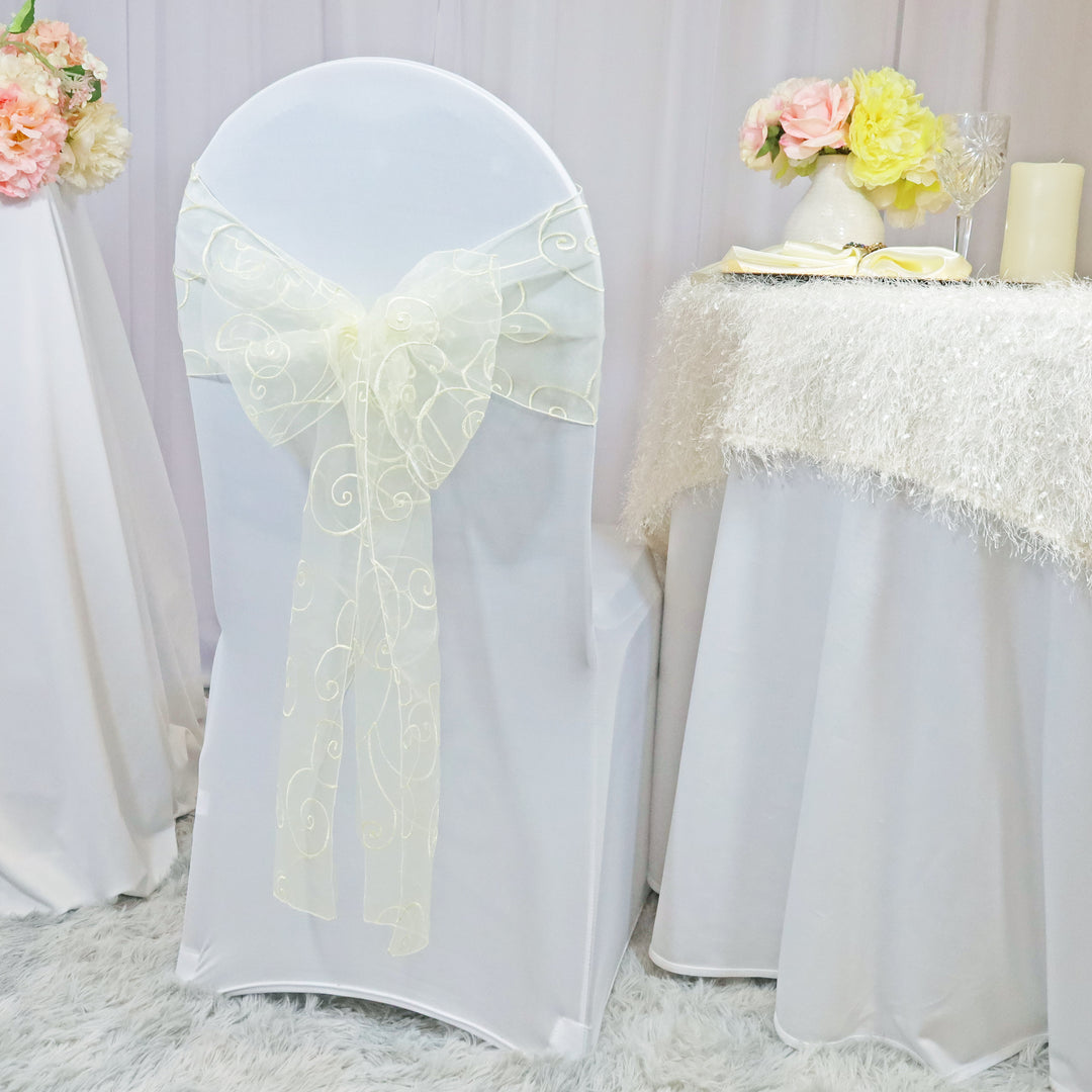 Sample 8"x108" Embroidered Organza Chair Sashes - Ivory (1pc)