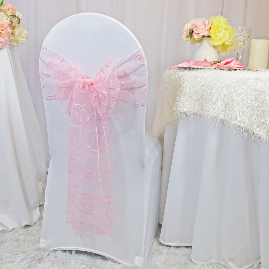 Fajas para sillas de organza bordadas de 8"x108" - Blanco (10 piezas/paq.)