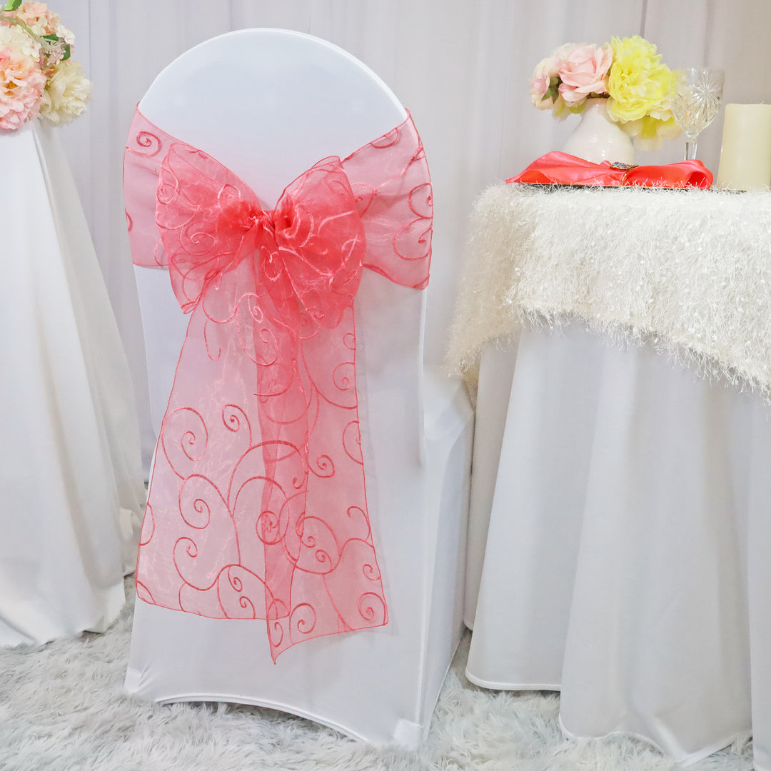 Sample 8"x108" Embroidered Organza Chair Sashes - Coral (1pc)