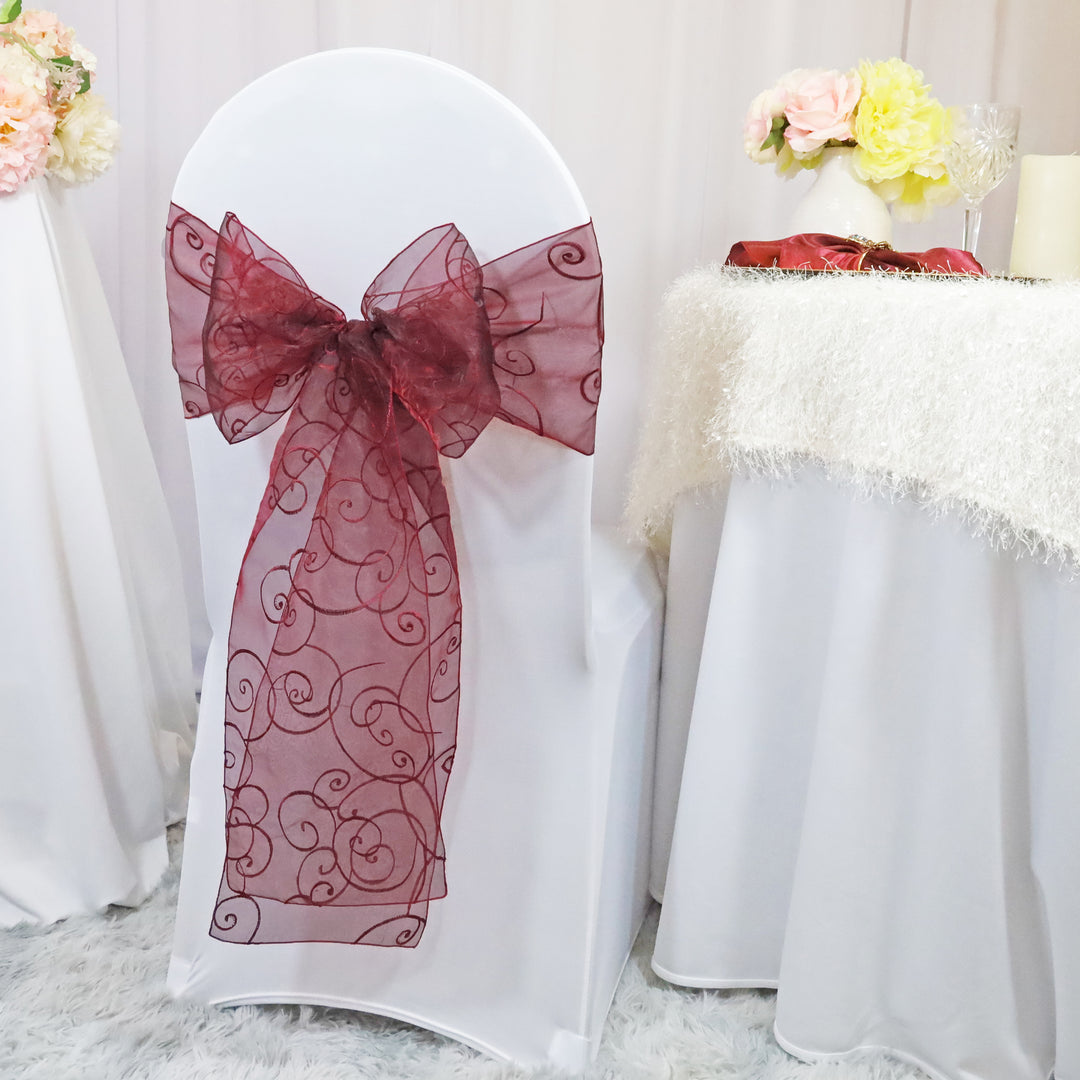 Sample 8"x108" Embroidered Organza Chair Sashes - Burgundy (1pc)