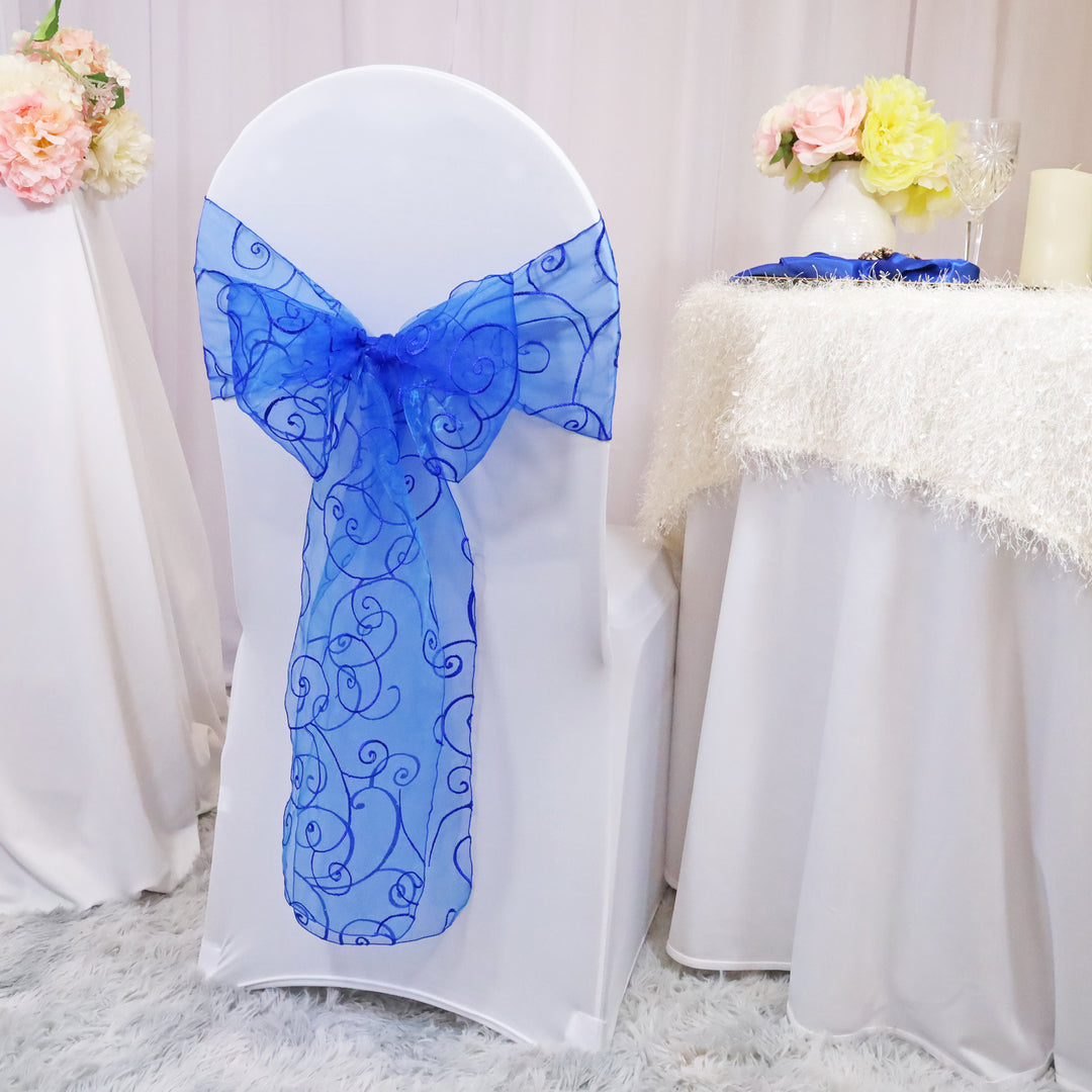 Sample 8"x108" Embroidered Organza Chair Sashes - Royal Blue (1pc)