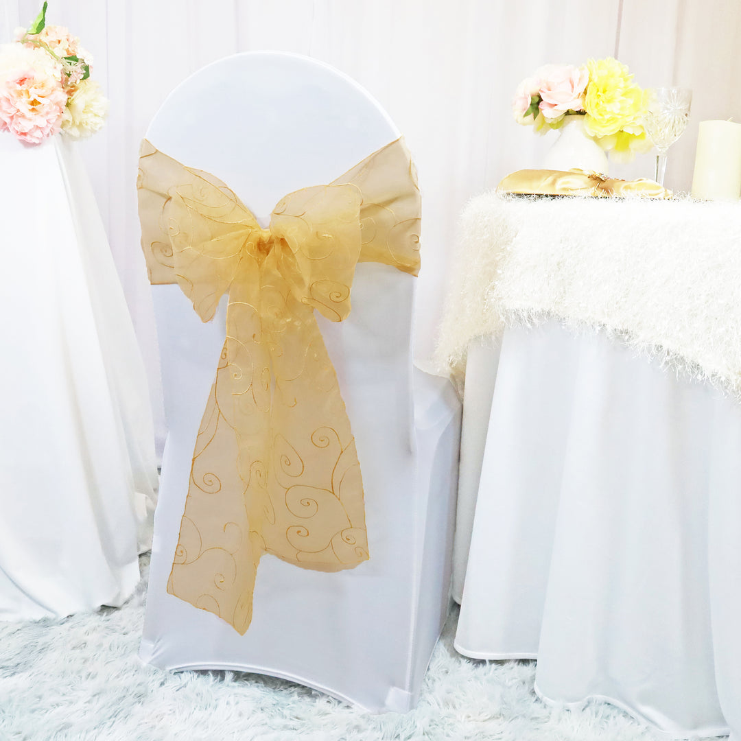 Sample 8"x108" Embroidered Organza Chair Sashes - Gold (1pc)