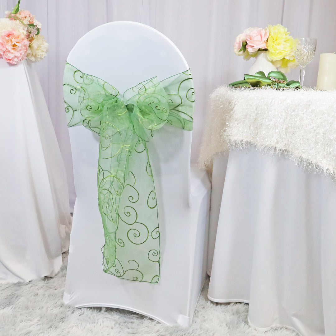 Sample 8"x108" Embroidered Organza Chair Sashes - Clover Green (1pc)