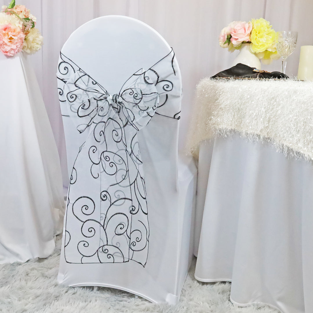 Sample 8"x108" Embroidered Organza Chair Sashes - White/Black (1pc)