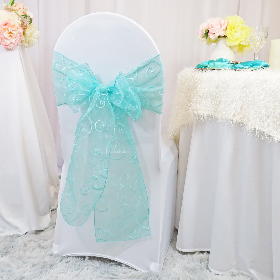 Sample 8"x108" Embroidered Organza Chair Sashes - Pool Blue (1pc)