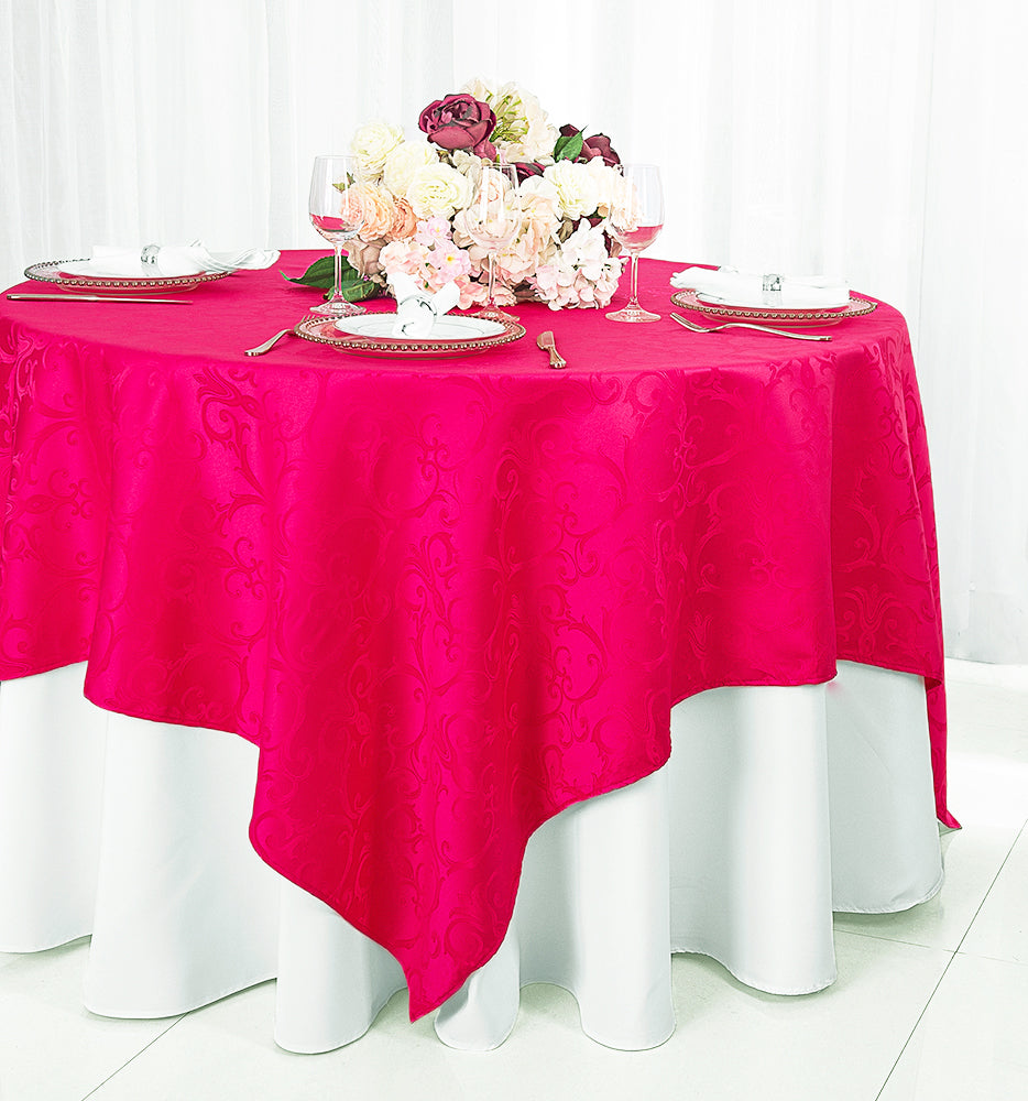 72"x72" Seamless Square Versailles Chopin Damask Jacquard Polyester (220 GSM) Table Overlay - Fuchsia (1pc)