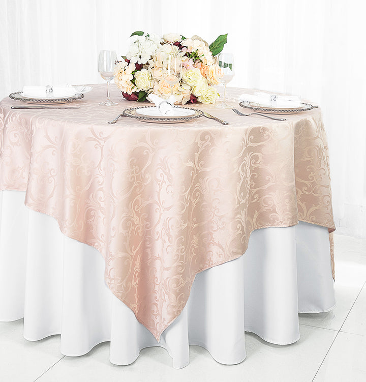 72"x72" Seamless Square Versailles Chopin Damask Jacquard Polyester (220 GSM) Table Overlay - Blush Pink/Rose Gold  (1pc)