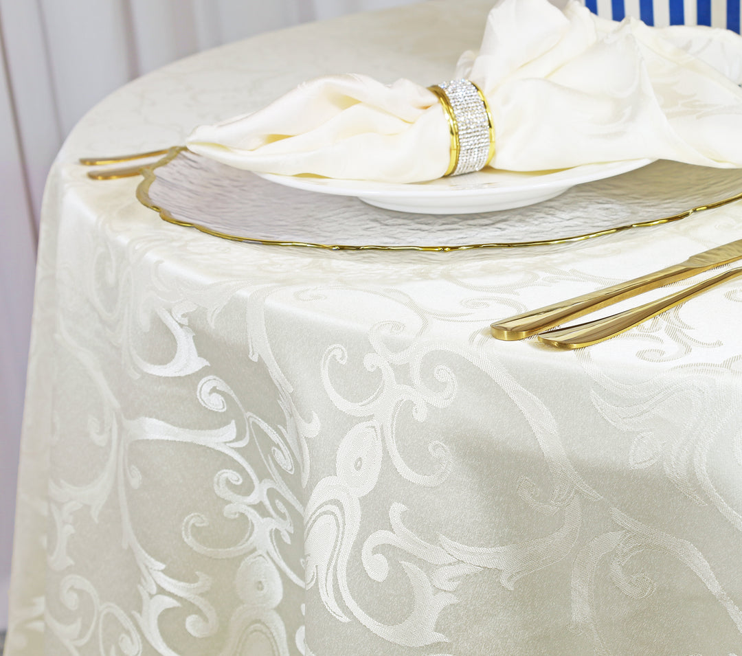 90" Seamless Round Versailles Chopin Damask Jacquard Polyester (220 GSM) Tablecloth - Ivory (1pc)