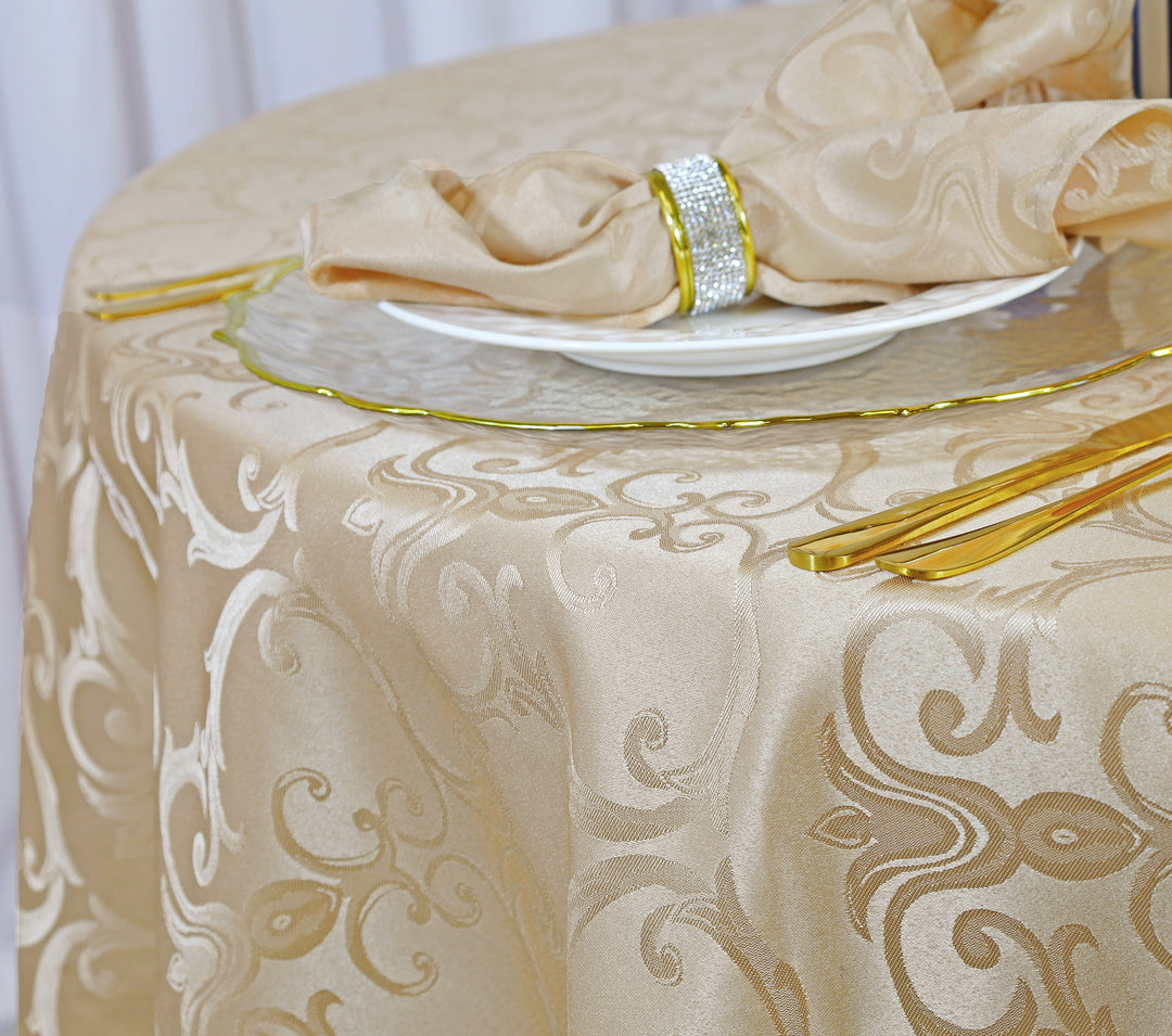 120" Seamless Round Versailles Chopin Damask Jacquard Polyester (220 GSM) Tablecloth - Champagne (1pc)