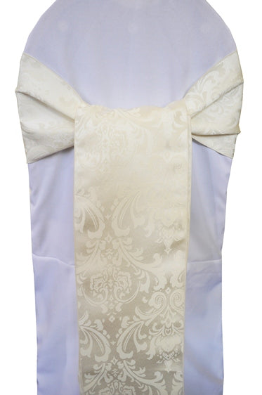 Sample 7.5"x108" Floral Damask Jacquard Polyester (220 GSM) Chair Sashes - Ivory (1pc)