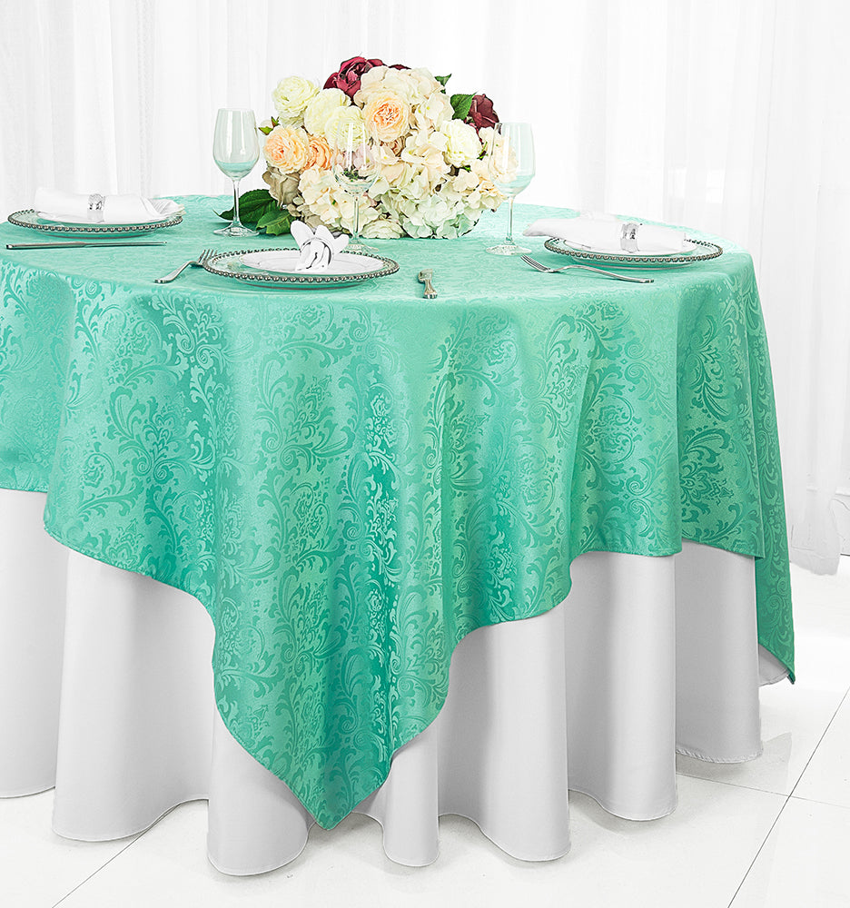 72"x72" Seamless Square Floral Damask Jacquard Polyester (220 GSM) Table Overlay - Tiff Blue/Aqua Blue (1pc)