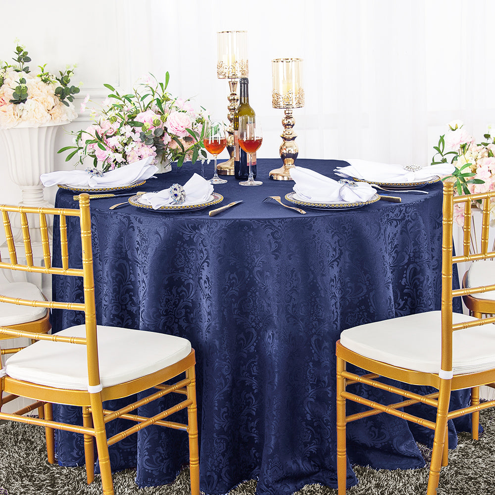 Nappe ronde en polyester jacquard floral damassé de 132 po - Bleu marine (1 pièce)