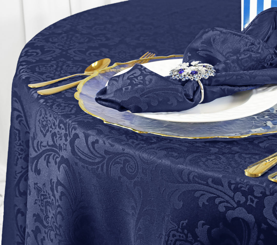 132" Seamless Round Floral Damask Jacquard Polyester (220 GSM) Tablecloth- Navy Blue (1pc)