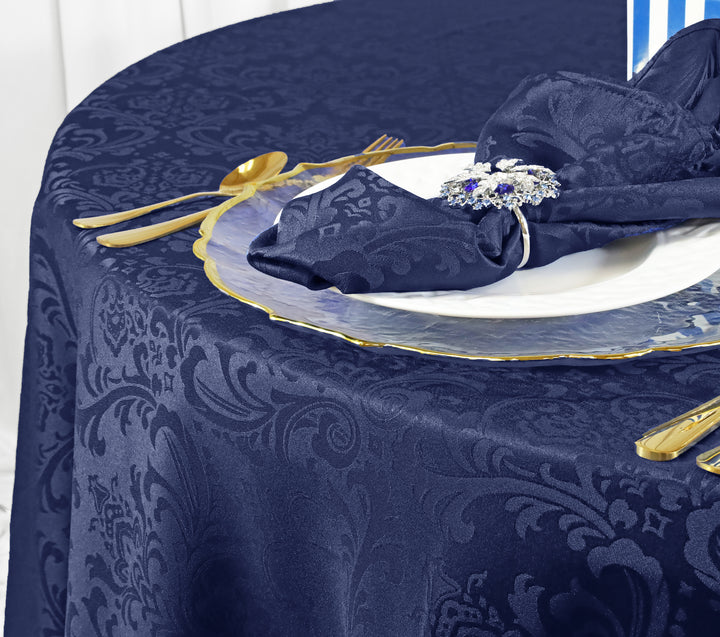 Nappe ronde en polyester jacquard floral damassé de 132 po - Bleu marine (1 pièce)