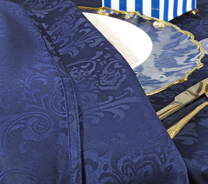 132" Seamless Round Floral Damask Jacquard Polyester (220 GSM) Tablecloth- Navy Blue (1pc)