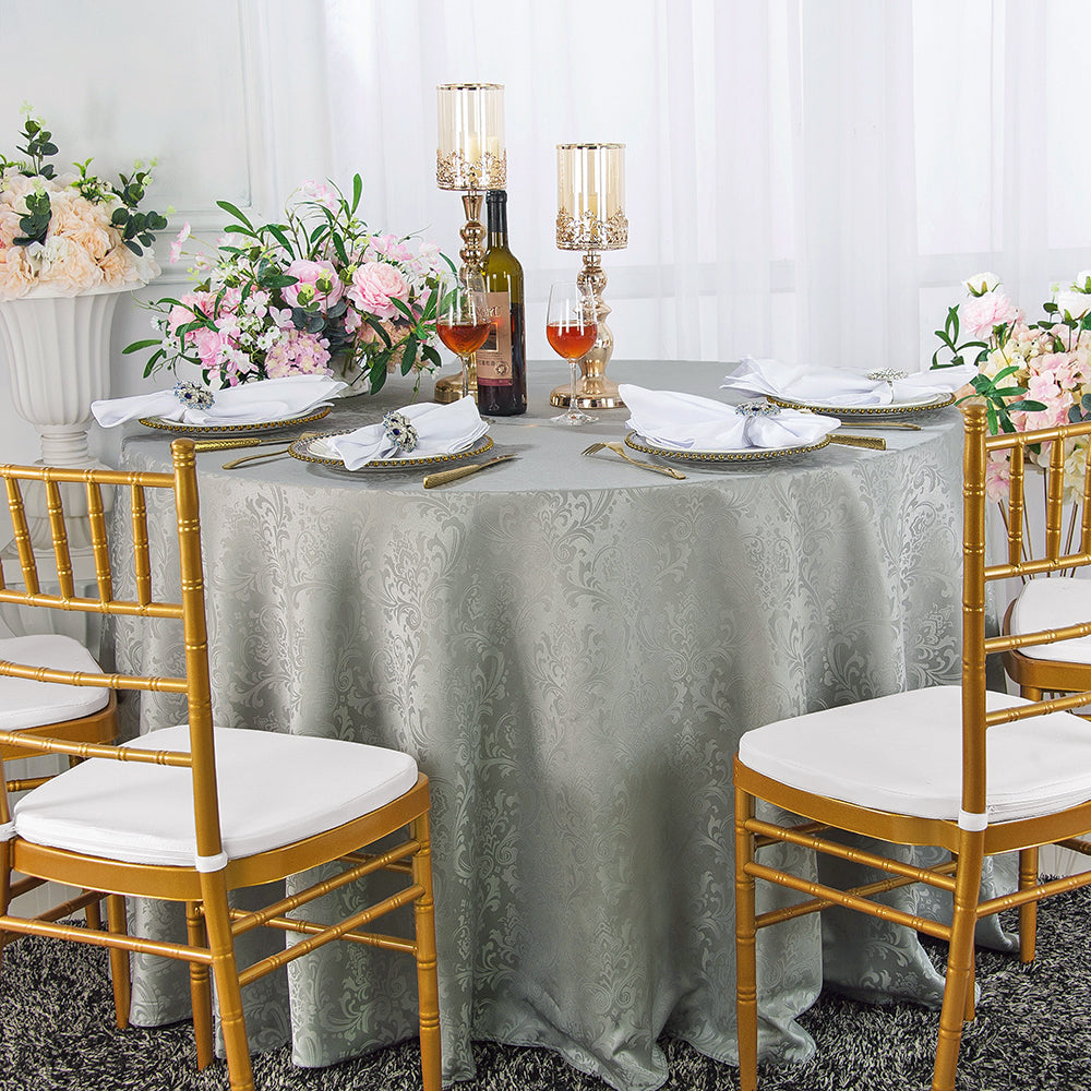 108" Seamless Round Floral Damask Jacquard Polyester (220 GSM) Tablecloth - Silver (1pc)