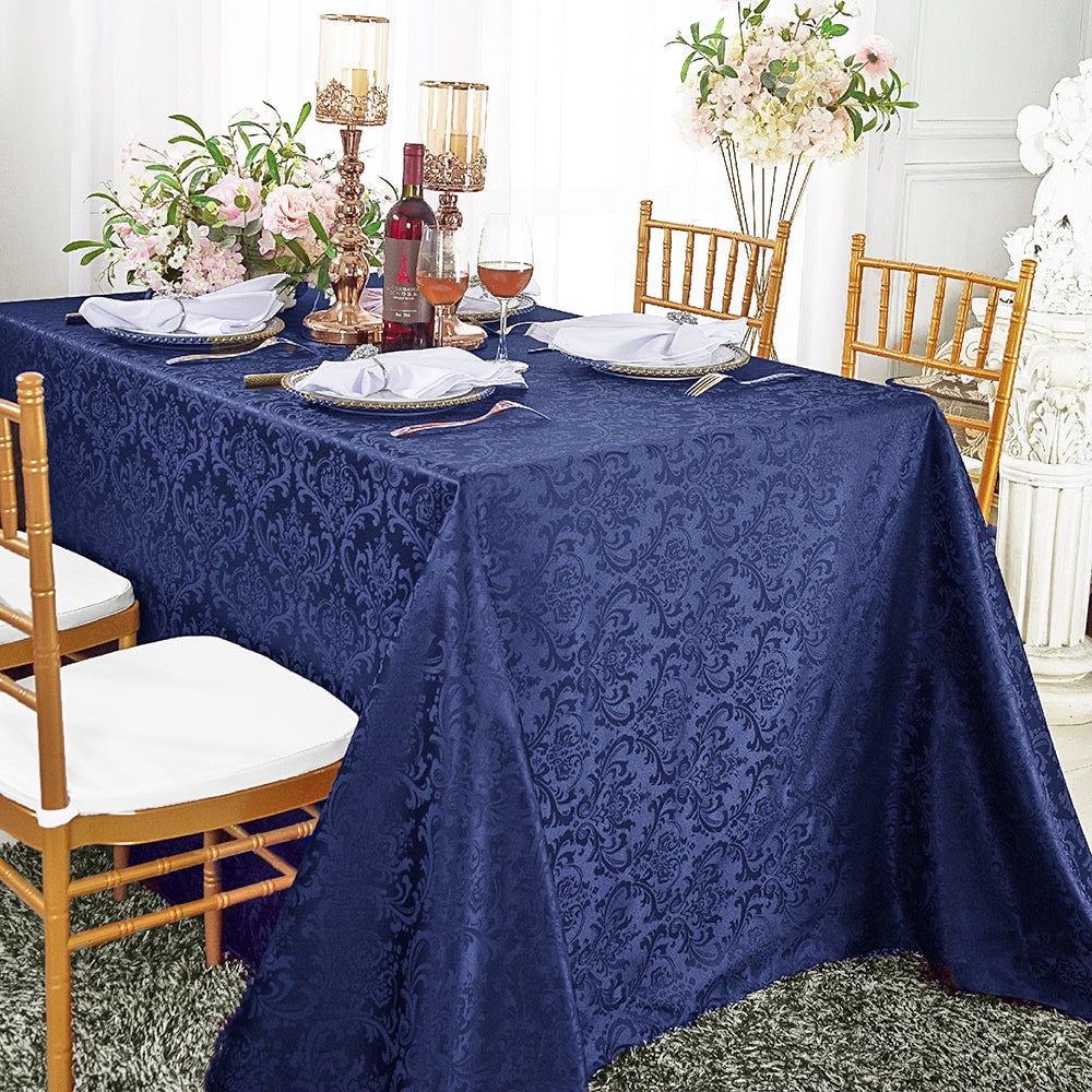 90"x156" Seamless Rectangular Floral Damask Jacquard Polyester (220 GSM) Tablecloth - Navy Blue (1pc)