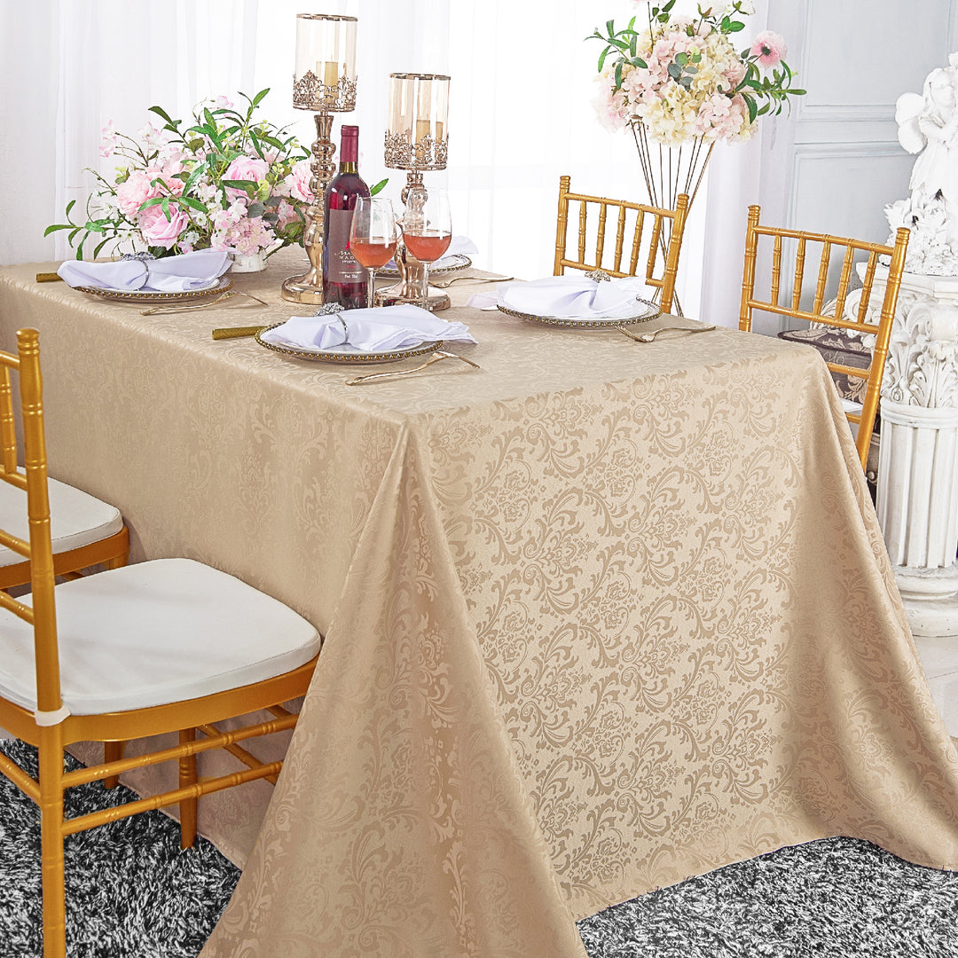 90"x156" Seamless Rectangular Floral Damask Jacquard Polyester (220 GSM) Tablecloth - Champagne (1pc)