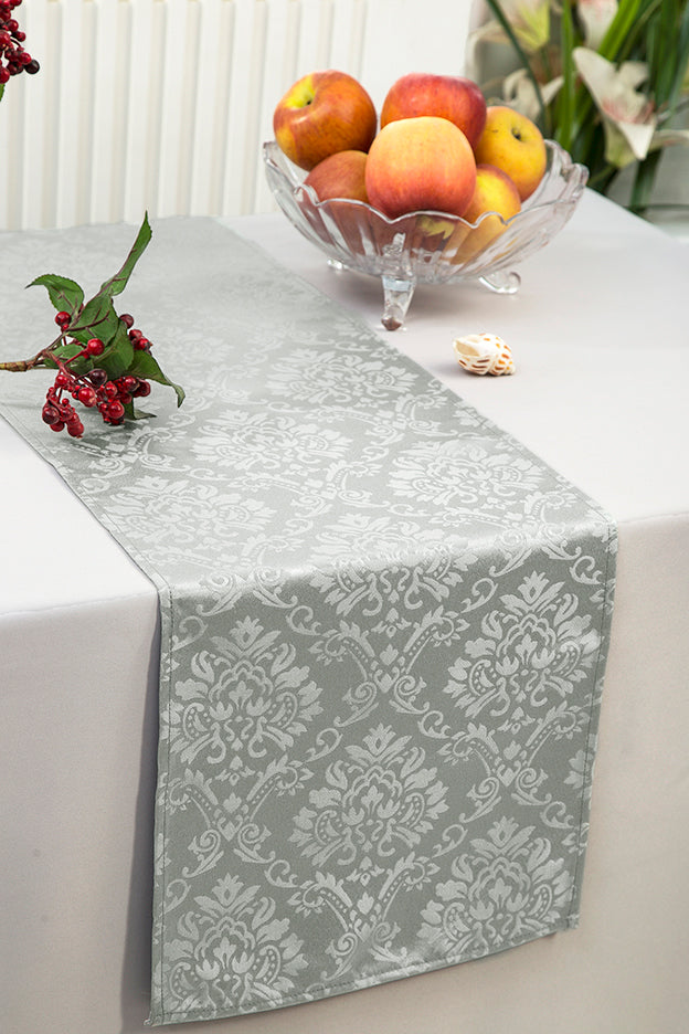 12"x108" Marquis Damask Jacquard Polyester (220 GSM) Table Runner - Silver (1pc)