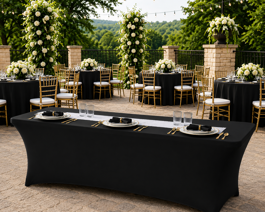 Cubierta de mesa rectangular de spandex (220 GSM) de 8 pies - Negro (1 pieza)