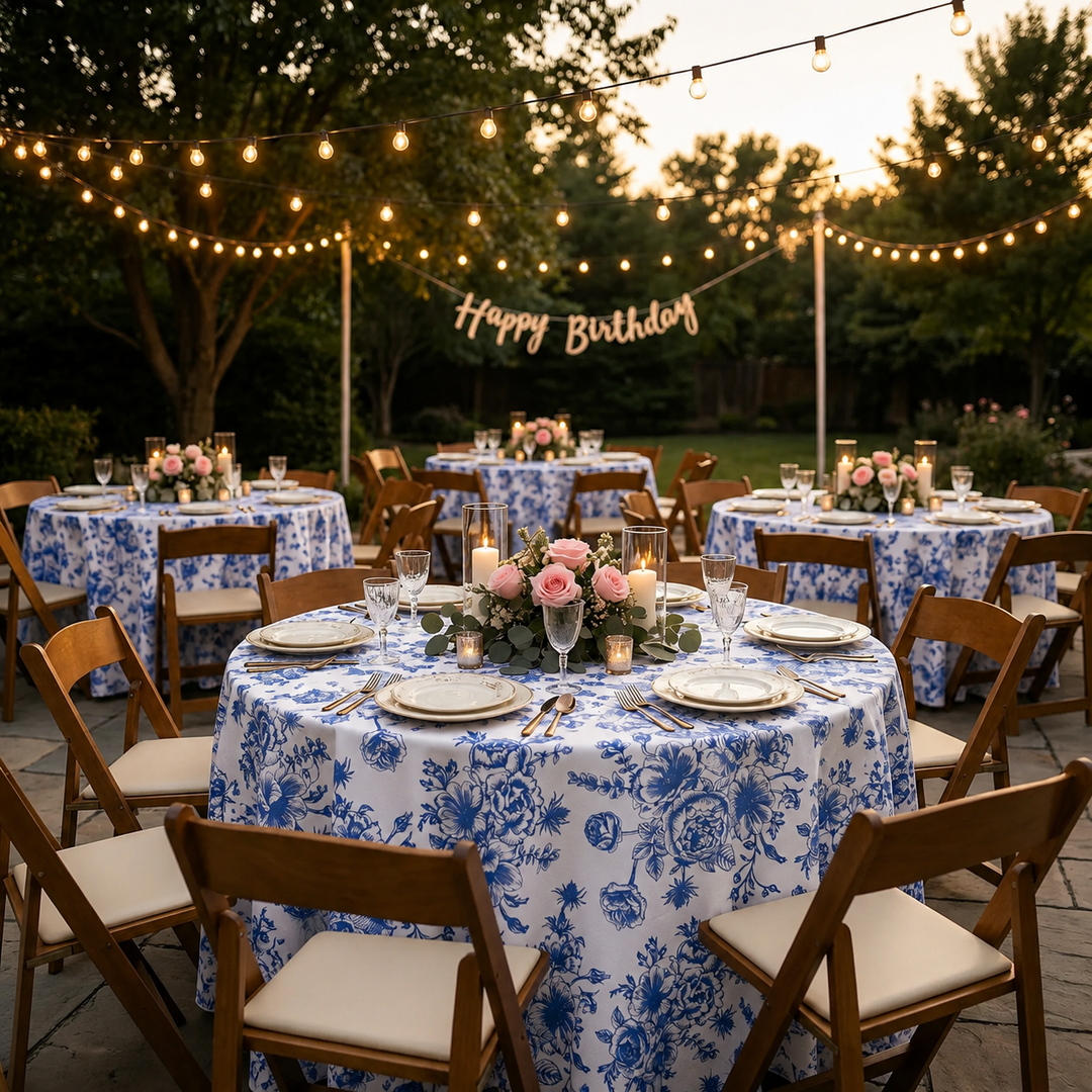 108" Seamless Round French Toile Polyester Tablecloth - Royal Blue (1pc)