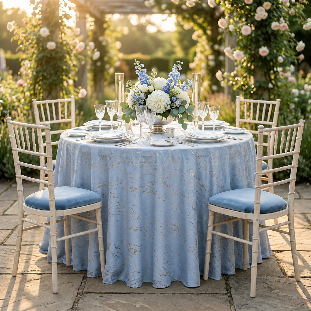 132" Round Gilded Marble Holland Velvet Tablecloth - Dusty Blue (1pc)