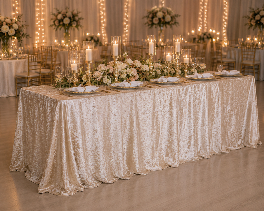 90"x132" Seamless Rectangular Ice Crushed Velvet (200 GSM) Tablecloth - Champagne (1pc)