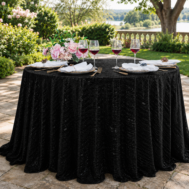 120" Seamless Round Chenille Shimmer Metallic Jacquard Velvet Tablecloth - Black (1pc)