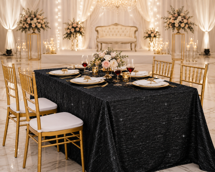 90"x132" Seamless Rectangular Chenille Shimmer Metallic Jacquard Velvet Tablecloth - Black (1pc)