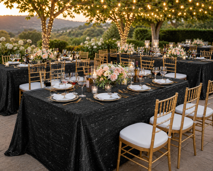 90"x132" Seamless Rectangular Chenille Shimmer Metallic Jacquard Velvet Tablecloth - Black (1pc)