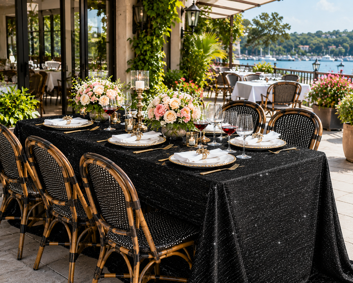 90"x132" Seamless Rectangular Chenille Shimmer Metallic Jacquard Velvet Tablecloth - Black (1pc)