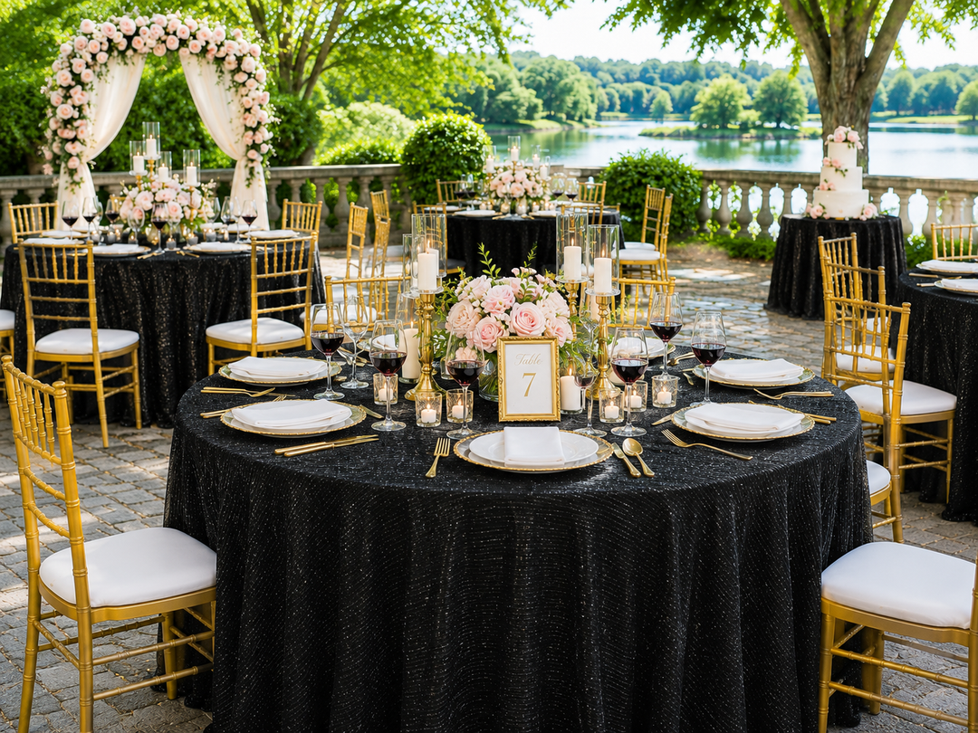 120" Seamless Round Chenille Shimmer Metallic Jacquard Velvet Tablecloth - Black (1pc)