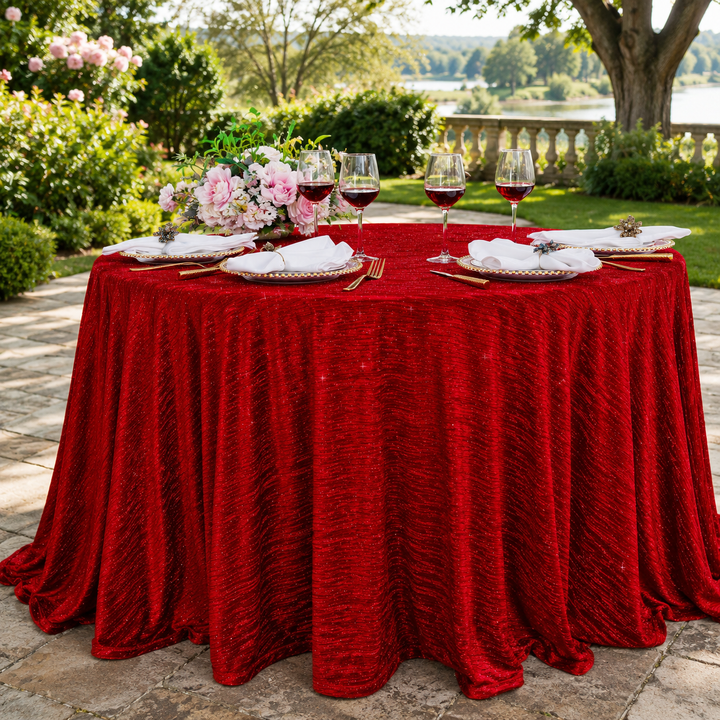 120" Seamless Round Chenille Shimmer Metallic Jacquard Velvet Tablecloth - Red (1pc)