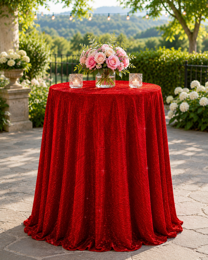 120" Seamless Round Chenille Shimmer Metallic Jacquard Velvet Tablecloth - Red (1pc)