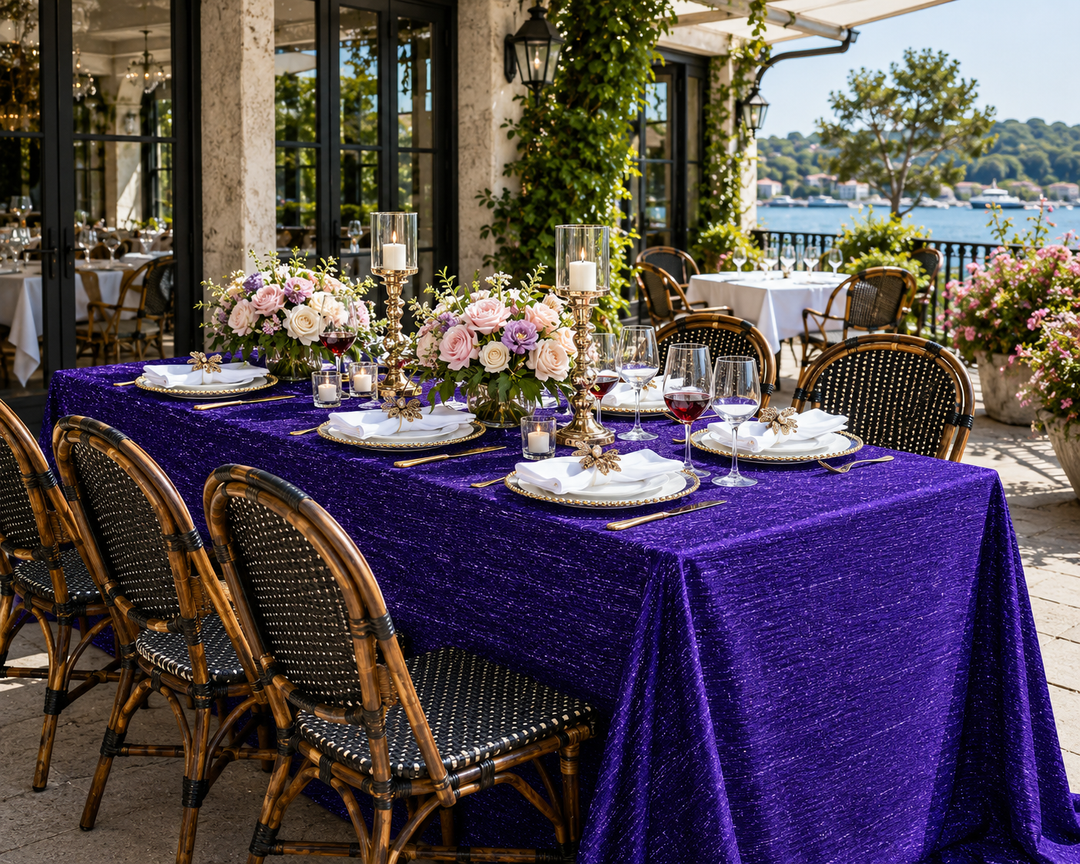 90"x132" Seamless Rectangular Chenille Shimmer Metallic Jacquard Velvet Tablecloth - Regency Purple (1pc)