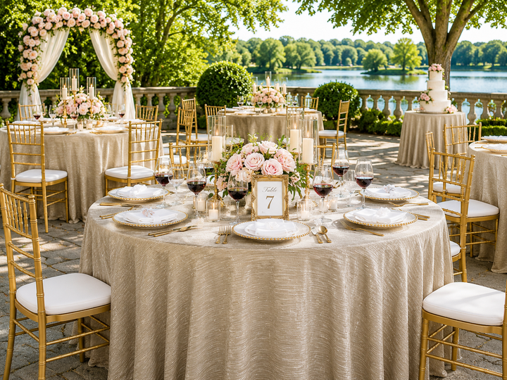 132" Round Chenille Shimmer Metallic Jacquard Velvet Tablecloth - Champagne (1pc)