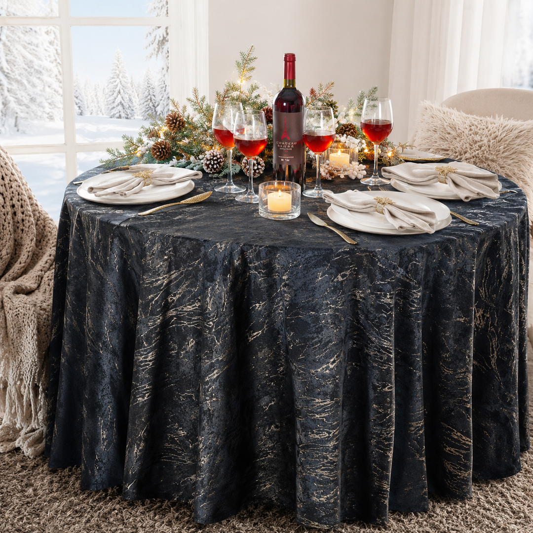 132" Round Gilded Marble Holland Velvet Tablecloth - Black (1pc)
