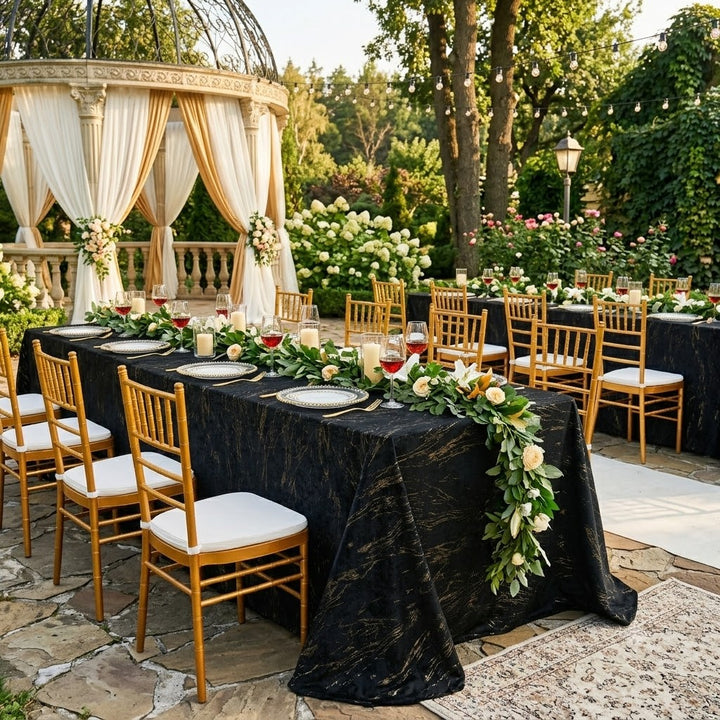 90"x132" Seamless Rectangular Gilded Marble Holland Velvet Tablecloth - Black (1pc)