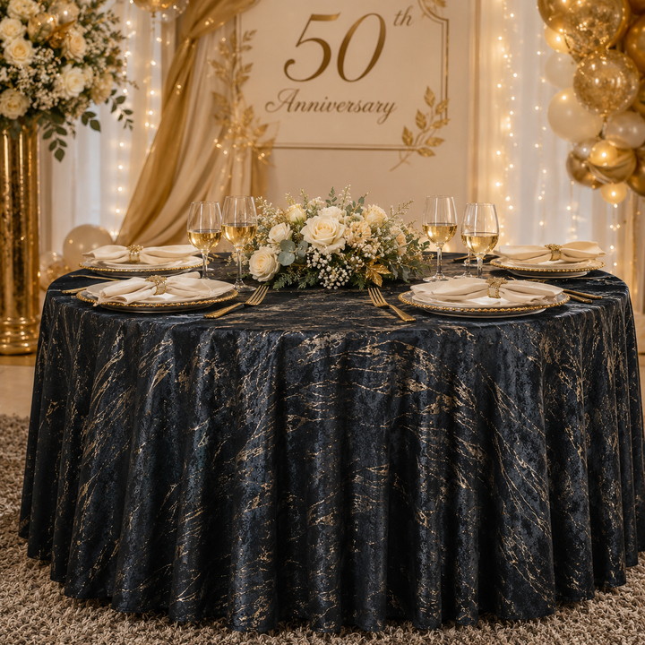 132" Round Gilded Marble Holland Velvet Tablecloth - Black (1pc)