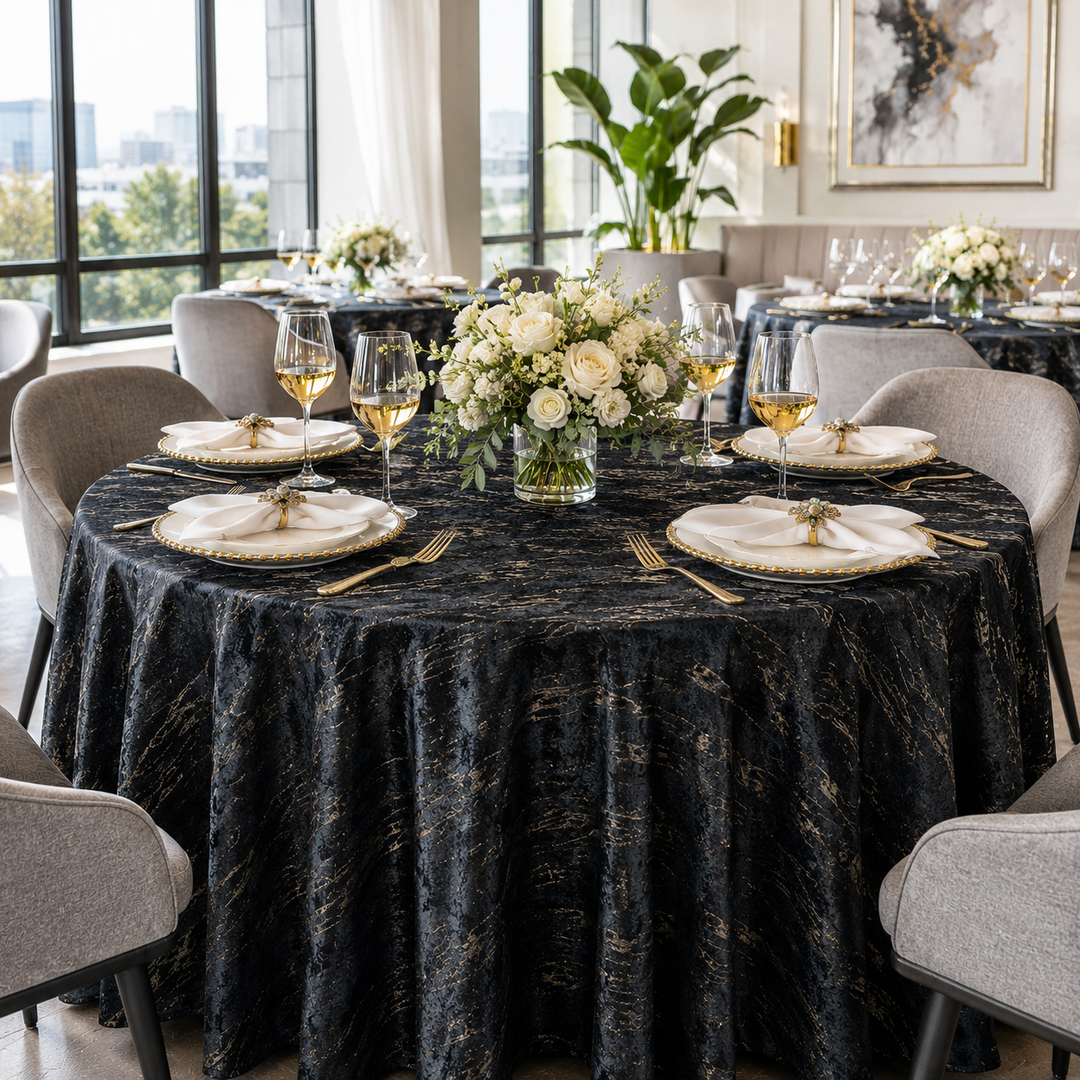 132" Round Gilded Marble Holland Velvet Tablecloth - Black (1pc)