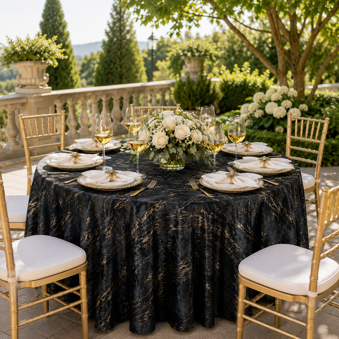 132" Round Gilded Marble Holland Velvet Tablecloth - Black (1pc)