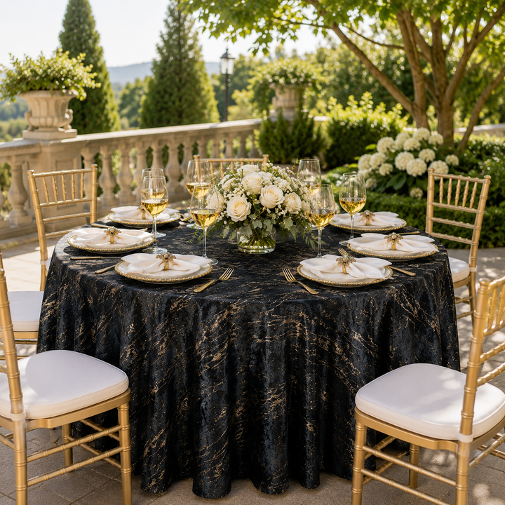 132" Round Gilded Marble Holland Velvet Tablecloth - Black (1pc)