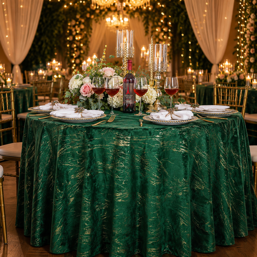 120" Seamless Round Gilded Marble Holland Velvet Tablecloth - Emerald Green (1pc)