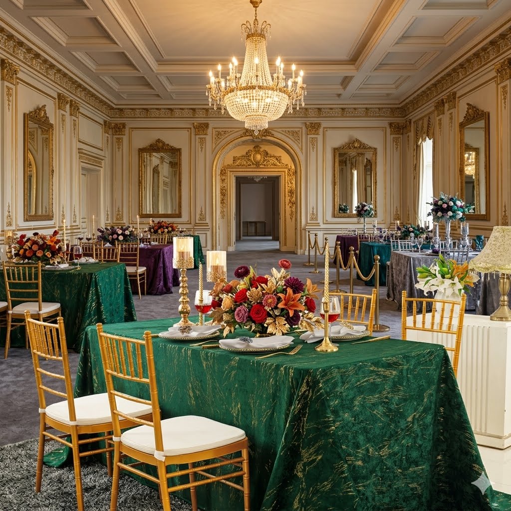 90"x132" Seamless Rectangular Gilded Marble Holland Velvet Tablecloth - Emerald Green (1pc)