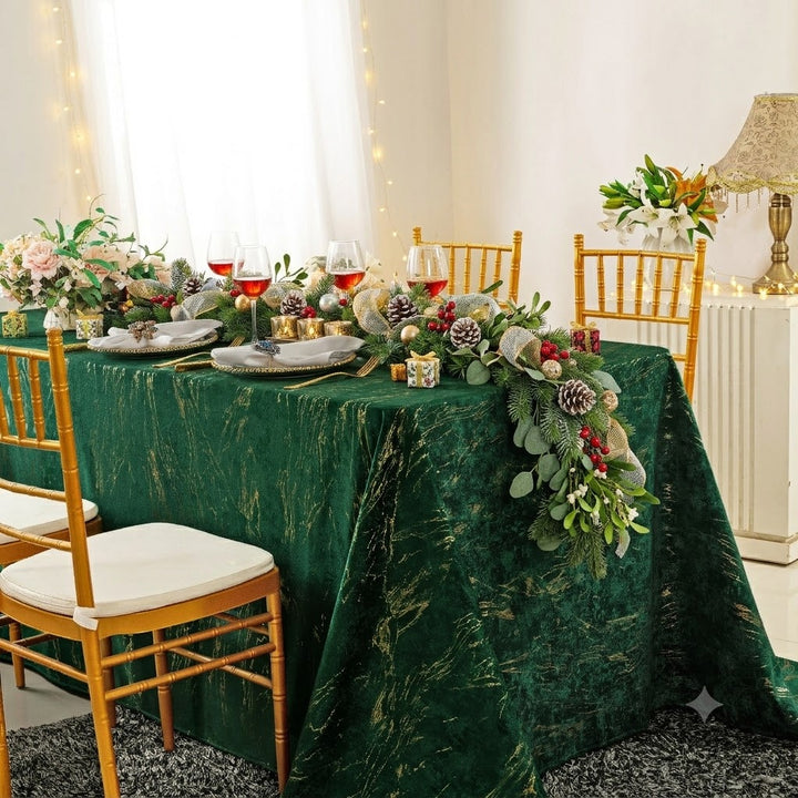 90"x132" Seamless Rectangular Gilded Marble Holland Velvet Tablecloth - Emerald Green (1pc)