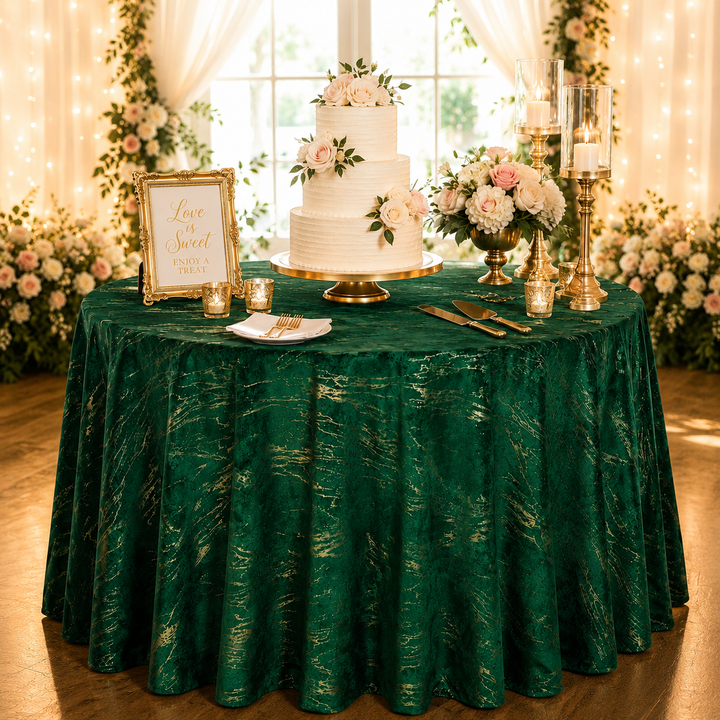 120" Seamless Round Gilded Marble Holland Velvet Tablecloth - Emerald Green (1pc)