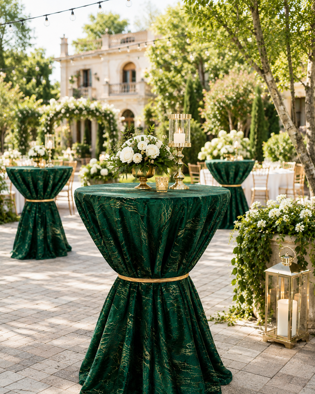 120" Seamless Round Gilded Marble Holland Velvet Tablecloth - Emerald Green (1pc)