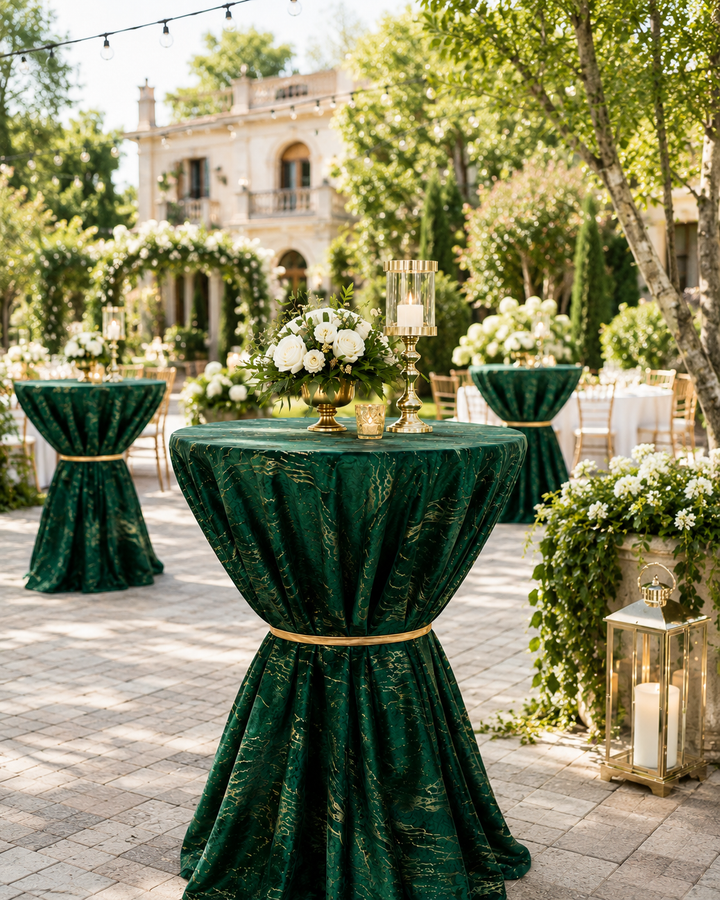 120" Seamless Round Gilded Marble Holland Velvet Tablecloth - Emerald Green (1pc)